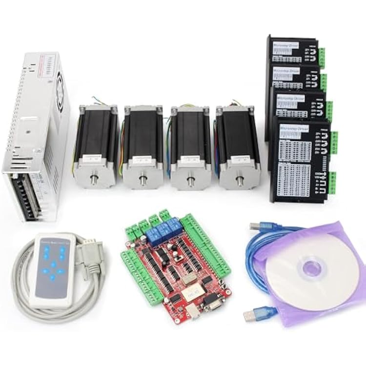 RATTMMOTOR 4 Axis Nema23 Stepper Motor Driver CNC USB Control Kit with USB CNC Breakut Board,256 Subdivision Bipolar Stepper Driver,400W 36V DC Power Supply 2.8Nm 425oz-in 3A 8mm Dual Shaft L112mm