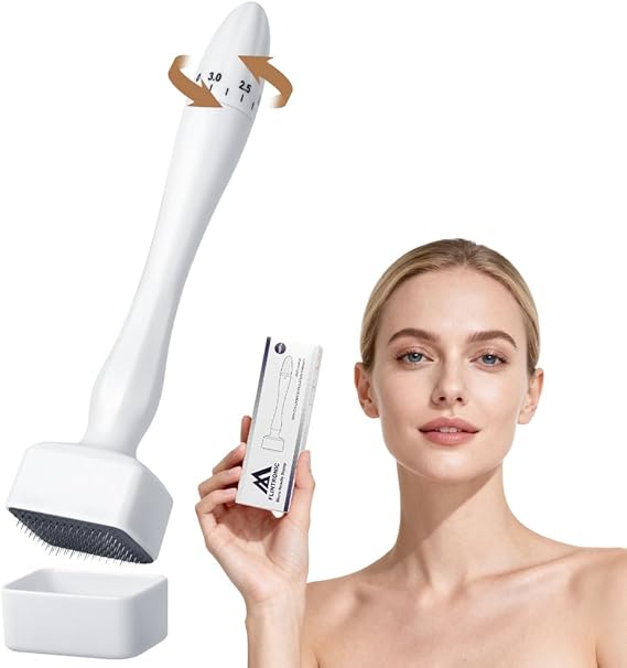 Flintronic Adjustable Derma Stamp, Microneedling Dermastamp with 140 Micro-Needles, 0-3MM Dermapen for Hair Beard Growth, Enhanced Skin Elasticity for Face, Body (White)