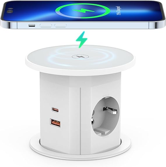 Retractable Socket Dinolink Table Socket Retractable with 15 W Wireless Charger D 85 mm 2 Schuko 2 PD 20 W USB A+C 1.8 m Cable Built-in Socket for Kitchen Worktop and Office (White)