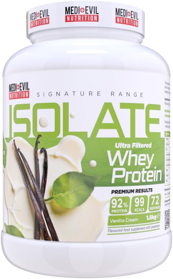 Medi Evil Nutrition Whey Protein Isolate 1.8kg – High Protein, Low Sugar, Low Carb, 99 Calories, Premium Protein Powder for Lean Muscle & Strength from Grass Fed Whey (1.8kg, Vanilla Cream)