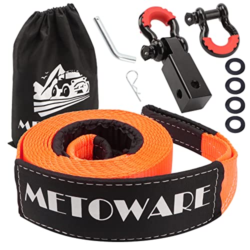 METOWARE Heavy Duty Tow Strap Recovery Kit - 3 x 20ft35,000lbs Tree Saver Winch Strap  34 D Ring Shackles2pcs 2Shackle Hitch Receiver  58 Hitch Pin  Storage Bag - Truck, SUV, ATV Off Road