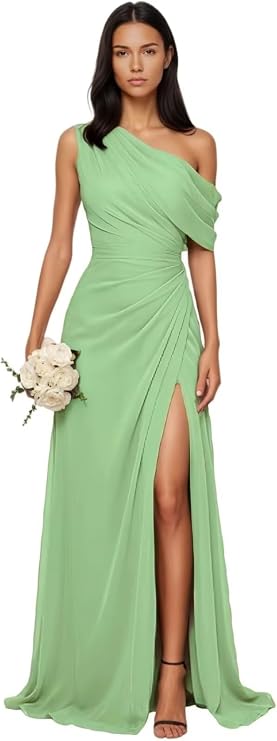 Chiffon One Shoulder Wedding Guest Dress with Slit Ruched Bridesmaid Gown