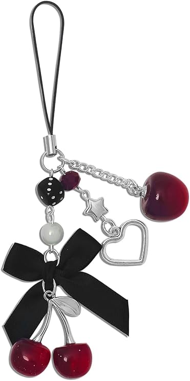 Cute Cherry Phone Charm Strap, Aesthetic Beaded Phone Chain Y2K Accessories, Red, Black, Handphone Lanyard for Women and Adults Camera Keychain Bag Decor and Present