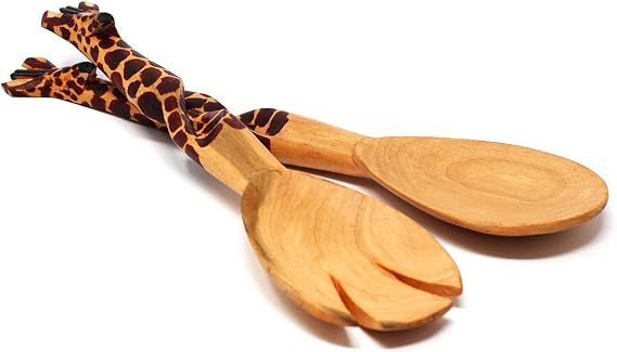 Global Crafts - Hand-Carved Giraffe Salad Serving Set - Handmade Wooden Utensils for Salads