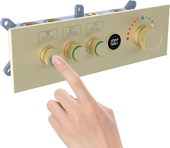 Enga 3-Function Shower Mixing Valve, Temperature Display Push-Button Thermostatic Valve with Flow Volume Control, Brushed Gold