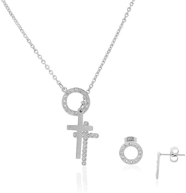 Stainless Steel Cross Circle Life Pendant Stud Earrings Set, 21"