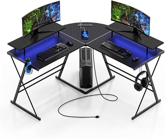 Gaming Desk, L Shaped Computer Corner Desk, EVAJOY 53" Ergonomic Gaming Table with Monitor Stands, PC Desk with LED Strips and Power Outlets, Carbon Fiber Surface with Cup Holder, Headphone Hook