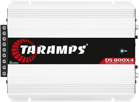 Taramps DS 800X4 1 Ohm 800W RMS Full Range 4-Channel Car Audio Amplifier | High-Level speaker inputs, automatic turn-on, bridgeable channels and Class D efficiency for OEM or aftermarket audio.