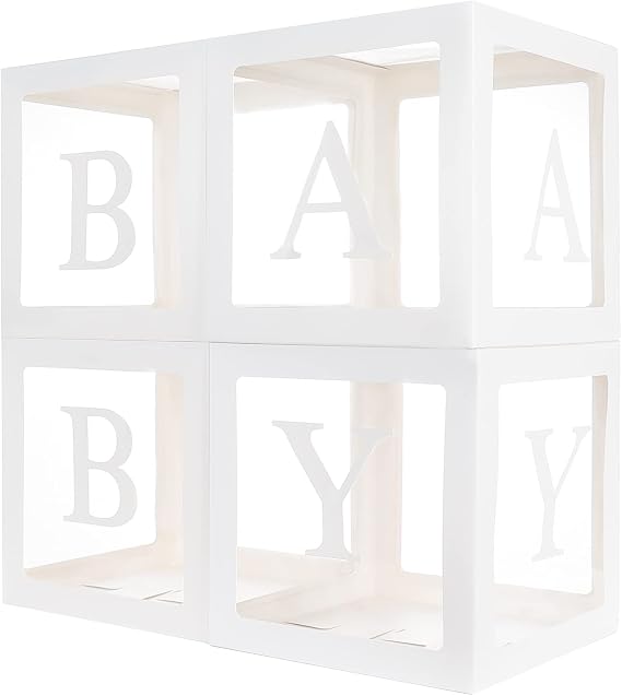 Baby Boxes with 12 Letters for Baby Shower, Baby Shower Decorations for Boy Or Girl, 4 Pcs Transparent Balloon Boxes Clear Blocks for 1st Birthday, Gender Reveal Party Supplies Background