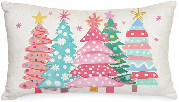 AACORS Christmas Pillow Cover 12X20 Inch Watercolor Christmas Tree Stars Decoration Holiday Farmhouse Winter Pillow Case for Sofa Couch Decor(Pink)AA615-12
