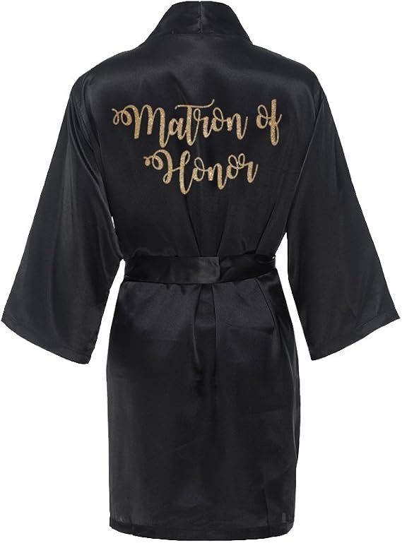 Classy Bride Matron of Honor Satin Kimono Robe with Gold Glitter - Satin Bridal Party Robes