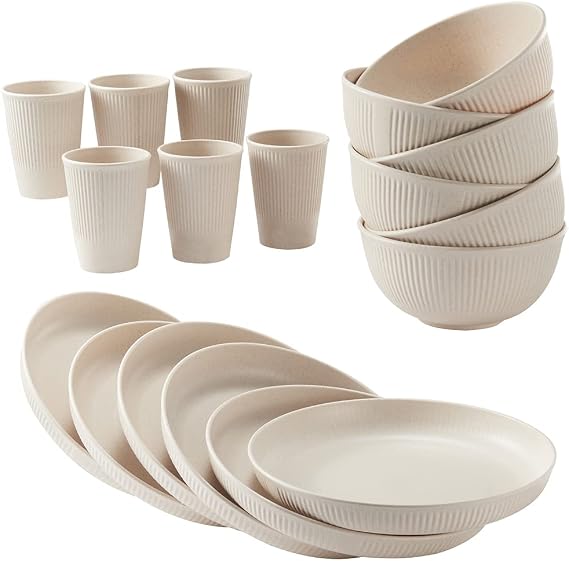 18pcs Wheat Straw Dinnerware Sets HXYPN Unbreakable Reusable Dinnerware Set | Kitchen Cups Plates and Bowls Sets Dishwasher Microwave Safe Plates