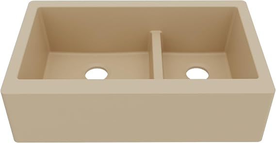 Karran Farmhouse Apron Front Quartz Composite Kitchen Sink, 34 in. 60/40 Double Bowl Low Divide, Heat & Scratch Resistant, Rear Drain (Bisque)