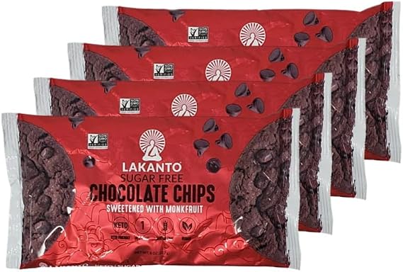 Lakanto Sugar Free Chocolate Baking Chips Sweetened with Monkfruit - Pack of 4 Bags - 8 oz Per Bag - 32 oz Total - Gluten Free, Vegan, Non GMO, and Keto Friendly