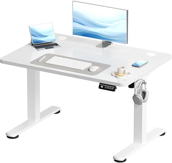 Devoko Electric Standing Desk 100x60cm Sit Stand Table Height Adjustable Desk with Backpack Hook and Memory Smart Panel, Home OfficeTable with Splice Board, White
