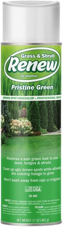 Seymour RENEW Grass and Shrub Spray Paint, Pristine Green, 17 oz. Can. | Turf colorant for dead grass, pet urine damage, and faded hedges; plant-safe, rain-resistant, dries to the touch in 15 min.