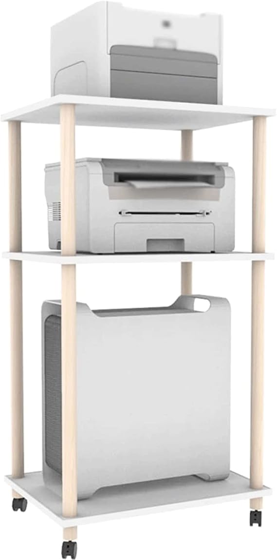 Printer Table 3-Layer Printer Stand, Heavy-Duty Removable Floor-to-Ceiling CPU Stand, Solid Wood Printer Holder with Wheels Storage Shelve