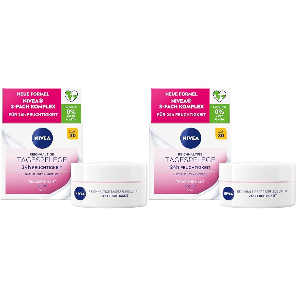 NIVEA Rich Day Cream 24h Moisture 50ml Face Cream for Dry Skin with SPF 30 Moisturizing Day Cream with Natural Almond Oil Pack of 2