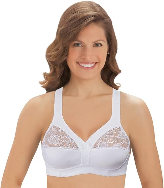 Collections Etc Cotton Bra - Underwire-Free with Lace Accents and Thick Straps for Extra Support