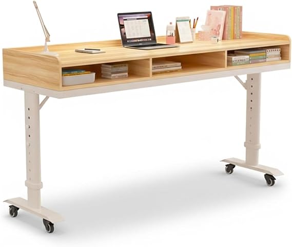 Height Adjustable Over Bed Table with Drawer, Overbed Table with Wheels, Rolling Over Bed Desk with Baffle, Laptop Workstation for Bedroom, Living Room, Office(Wood,59.1"x23.6")