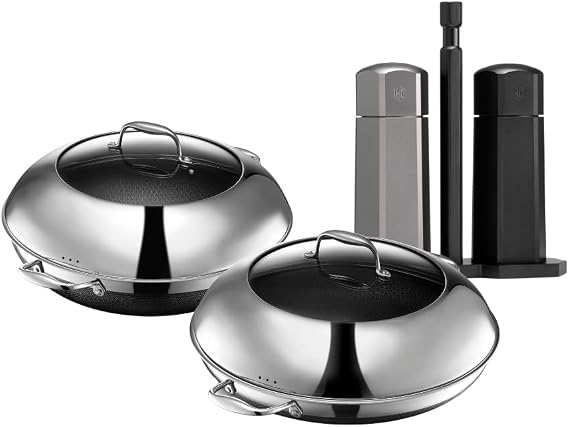 HexClad Hybrid Nonstick 7-Piece Cookware Set, 14" Pan with Lid, 14" Wok with Lid, and Tabletop Salt and Pepper Grinder Set, Stay-Cool Handles, Dishwasher and Oven-Safe, Induction Ready