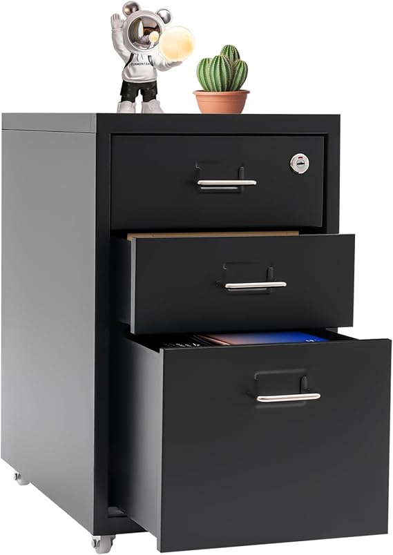 3-Drawer Mobile File Cabinet with Lock, Metal Under Desk File Cabinet with Wheel, Locking Vertical File Cabinet Rolling Office Cabinets for Home Office (Black)