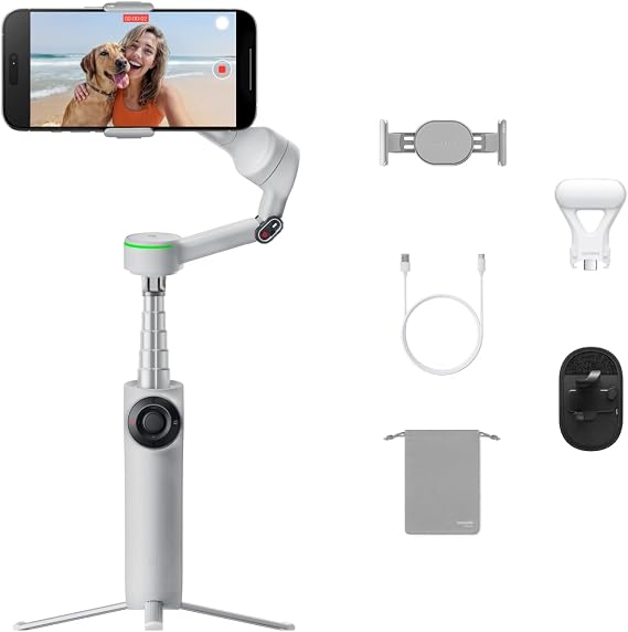 Insta360 Flow 2 Pro Vlog Bundle Grey - Foldable AI Phone Gimbal, Track in 200+ Apps with Apple DockKit, 360o Pan Tracking, Built-in Tripod/Selfie Stick, Remote Control, Spotlight/Backpack Mount