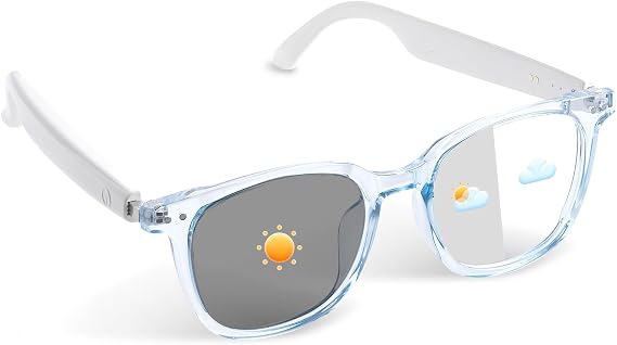 Bluetooth Glasses, Photochromic Lenses, Open-Ear Speakers, Touch Control, Hands-Free Calls & Music, Smart Glasses for Outdoor Activities, Walk, Travel,Work Transparent Blue Frame