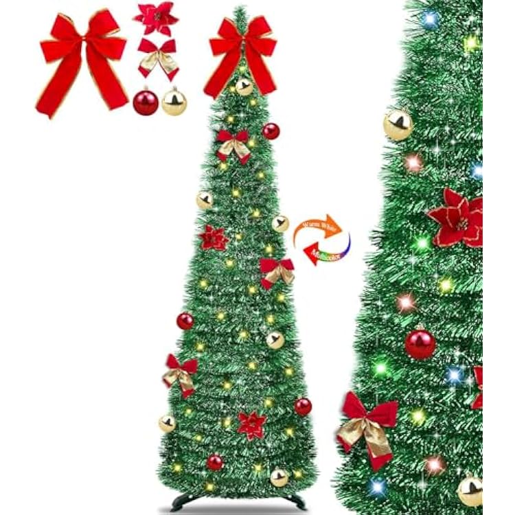 TURNMEON 5 Ft Pop Up Tinsel Christmas Tree DIY Ornaments Warm White & Colorful Change Lights Green Pencil Slim Tree Christmas Balls Bow Flower Timer Battery Operated Holiday Christmas Decoration