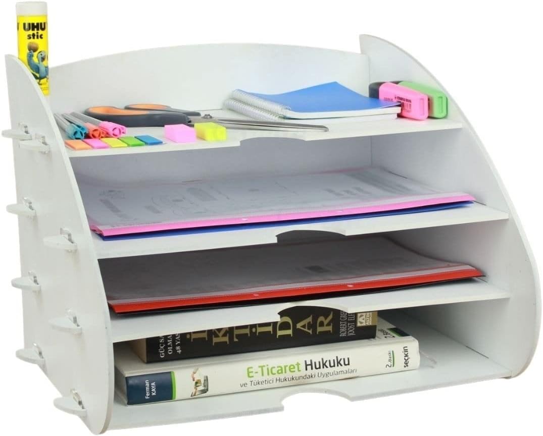 Evene File Editor Table Top Organizer Model 3 with Wooden Briefcase Shelf, White