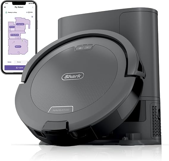 Shark Navigator Robot Vacuum + Self-Empty Base, Grey, RV2120AE | SmartPath Navigation, Self-Empty Base 60-Day Bagless, up to 50% More Suction, Detects & Avoids Objects, Anti-Hair Wrap, Wi-Fi