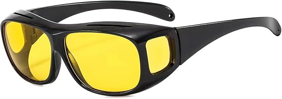 Yellow Tinted Night Driving Over Glasses, Anti-Glare HD Wrap Around Design for Men Women, UV & Blue Light Blocking Lenses for Low Light, Rainy & Foggy Conditions