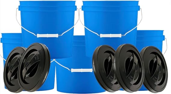 2 Gallon Blue Made in USA Food Grade BPA Free Bucket Pail with Screw On Lid (Pack of 5)