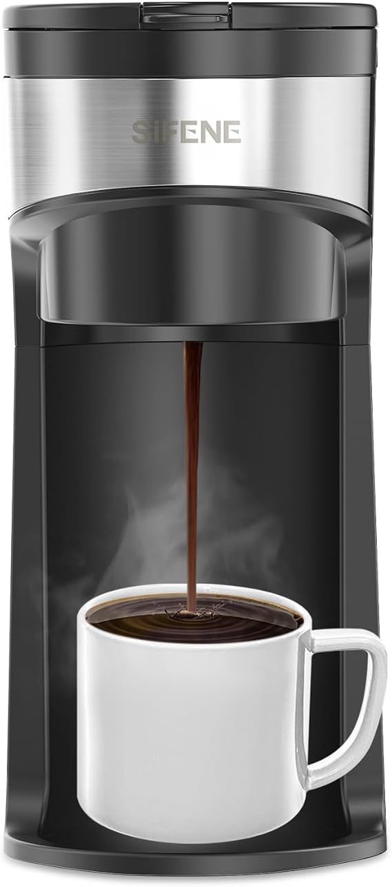 SIFENE Mini Coffee Maker Single Serve, One Cup for K Pod & Ground Coffee, 6 to 12 Oz Brew Sizes, Capsule Coffee Machine with Water Window and Descaling Reminder, Black