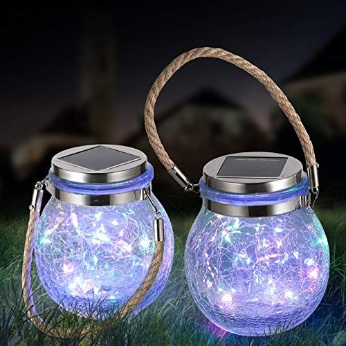 Solar Hanging Lanterns Outdoor Waterproof, Table Lamps Decorative Cracked Glass Jar 30 LED Lights for Garden Tree Court Yard Patio Pathway Christmas Day Holiday Party Decoration 2, Colors