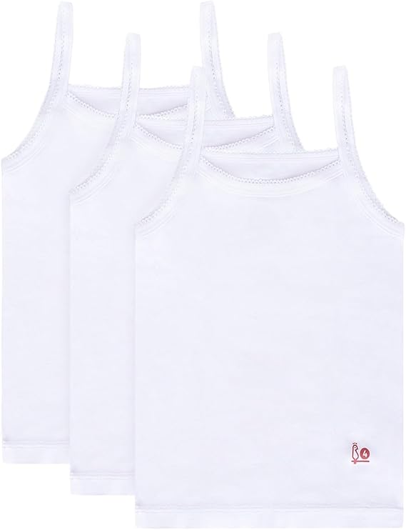 Feathers Girls Solid White Snug Fit Tagless Cami Vest - 100% Cotton Super Soft Undershirts (3/Pack)