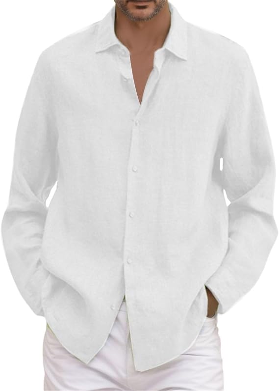 Mens Cotton Linen Shirts Long Sleeve Button Down Shirts Solid Lightweight Casual Loose Summer Beach Vacation Tops
