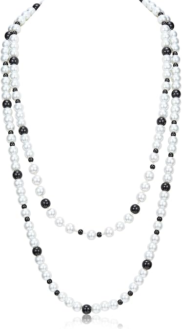 Ornaland Faux Pearl Long Necklace for Women, Black and White, 61.42 inch