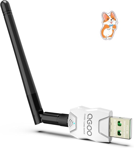 Class 1 Long Range Bluetooth Adapter for PC, QGOO USB Bluetooth Adapter for PC 5.3+EDR, Dongle Receiver Support Windows10/8.1/8/7(white-246)