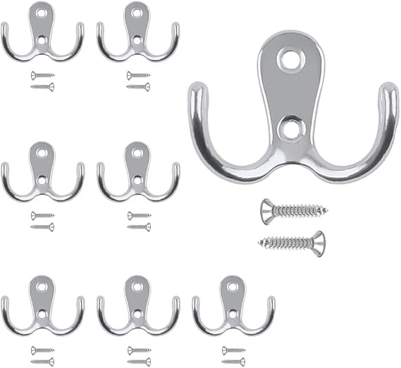 8PCS Chrome Wall-Mounted Double Prong Hooks with Screws for Clothes, Coat Hooks for Door,Hats, Towels – Retro Metal Hangers for Bathroom, Bedroom, Kitchen (Silvery)