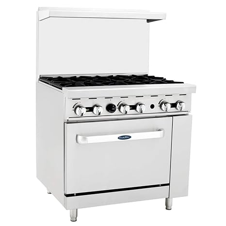 Atosa CookRite AGR-6B-NG 36" Gas Range with Full-Size Oven, Over Shelf and Backsplash Cooker Stove for Diner | 6 Cast Iron / 1 Oven Burner | Heavy Duty Stainless Steel, 219,000 BTU, Natural Gas (NG)