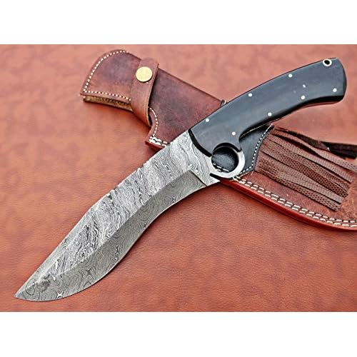 Damascus Steel Nessmuk Knife, 13 Long Custom Made Hand Forged with 10 Long Blade, Black Bull Horn Scale with Finger Hole, Exotic Cow Hide Leather Sheath Included