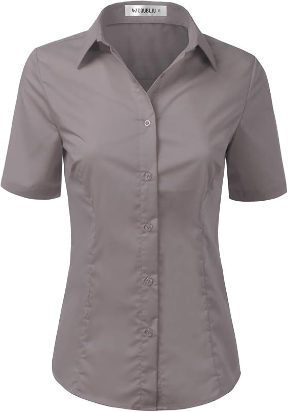 DOUBLJU Slim Fit Plain Classic Shirts Short Sleeve Button Down Collared Dressy Casual Work Blouse for Womens with Plus Size