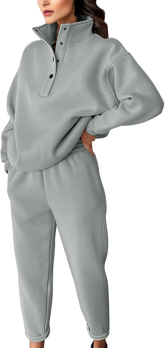 Womens Sweatsuits 2 Piece Set Lapel Button Down Fleece Sweatshirt Comfy Baggy Sweatpants with Pockets Trendy Matching Sets Casual Loose Pullover Sweaters High Waisted Joggers Loungewear