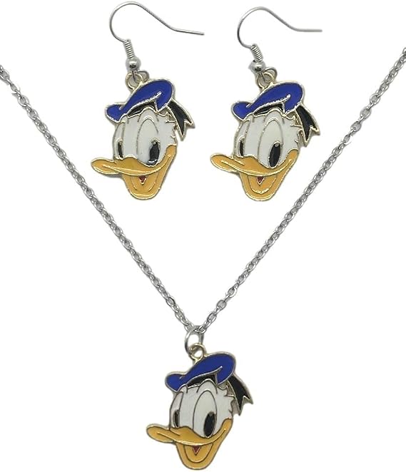 Donald Cartoon Duck Character Face Charm Pendant Necklace And Earrings Set