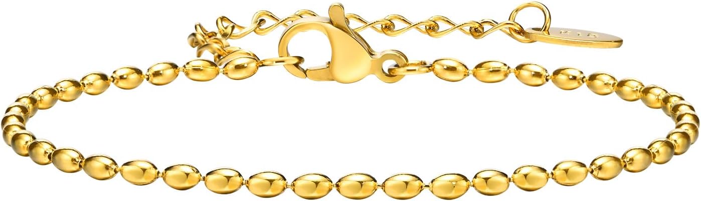 Gold Beaded Bracelet for Women Stainless Steel Trendy Link Chain Stackable Bead Ball Bracelets Mother Gifts Adjustable