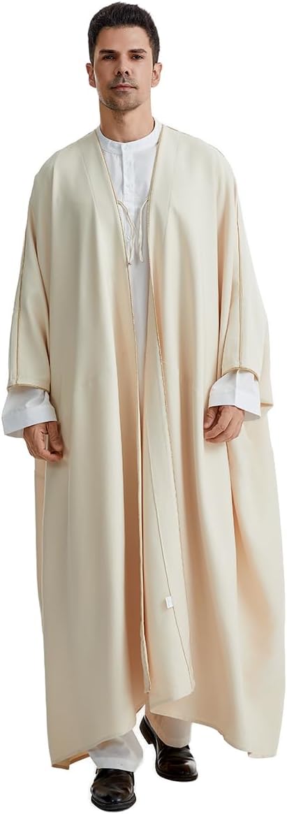 Muslim Men's Pure Color Long Sleeves Bisht Cardigan Robe Ramadan Eid Thobe (Beige, Large)