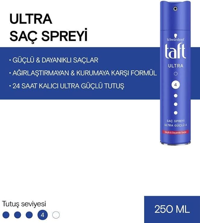 Taft Ultra Saç Spreyi 250 ml 24 Saat Kalıcı Tutuş Sağlayan Dayanıklı Formül