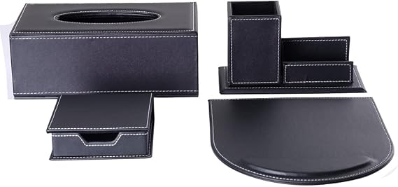 KINGFOM Office Desk Organizer 4pcs/set Eco-Friendly Synthetic Leather Tissue Holder, Pencil Holder with Business Name Cards Holder Stand, Sticky Notes Dispenser Case and Mouse Pads(T11-4-Black)