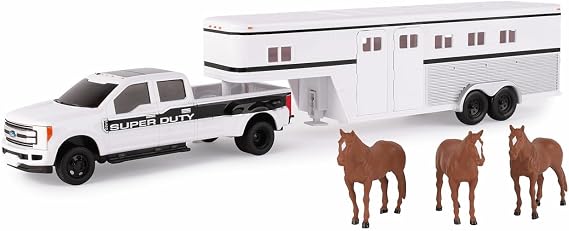 1/32 Ford F-350 Pickup with Horse Trailer and Horses Pretend Play & Imaginative Play for Ages 3 to 11 | Officially Licensed, Includes Toy Truck, Trailer, And 3 Logs, Construction Truck Toys, Toddler Toys, Ages 3 Years+